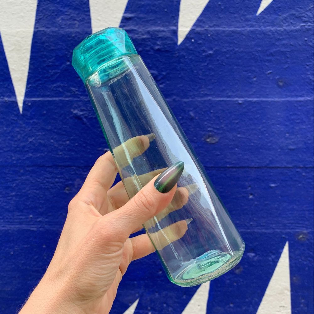 Glass Gem Water Bottle in Aqua Blue | 16 oz | Faceted Glass Diamond Shape