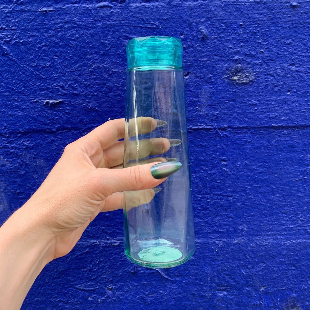 Glass Gem Water Bottle in Aqua Blue | 16 oz | Faceted Glass Diamond Shape