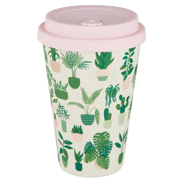 Bamboo To Go Coffee Cup with House Plants Pattern | Fiber Coffee Travel Mug with Silicone Lid & Sleeve | 13oz