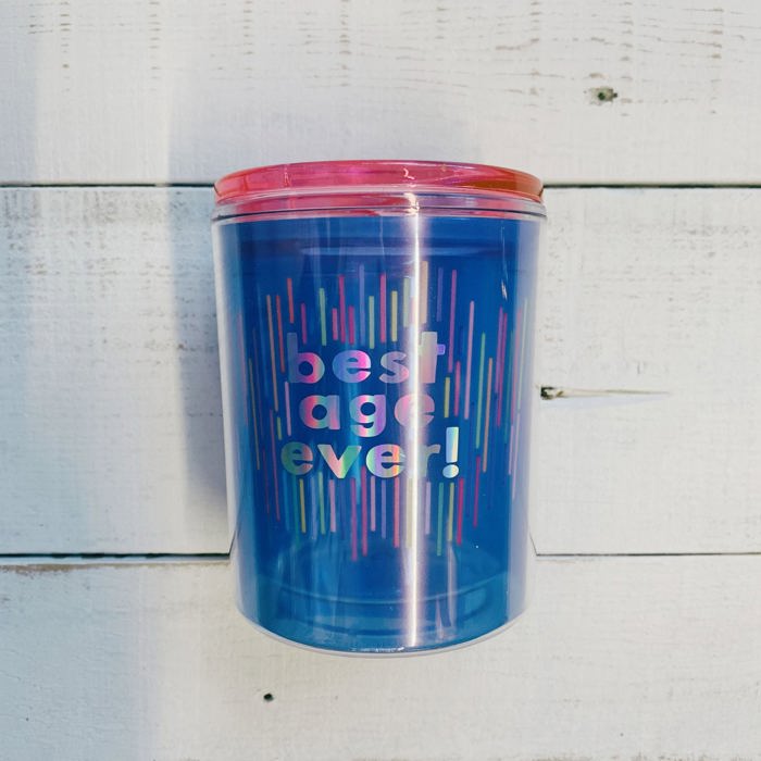 Best Age Ever Birthday Double-Wall Short Tumbler in Blue  | Insulated Acrylic Travel Tumbler with Lid