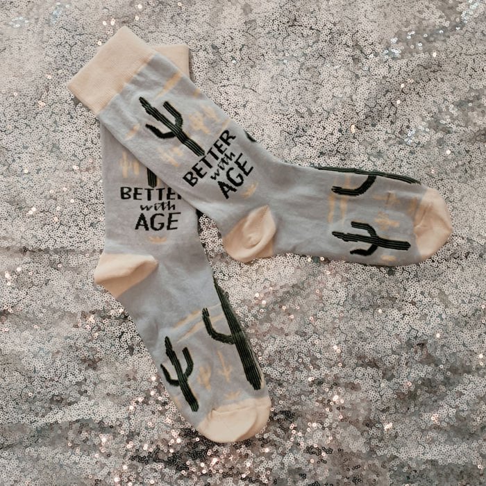 Better With Age Socks | Cactus Plants Illustration | Novelty Crew Socks | Gifts for Her