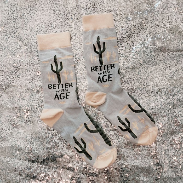 Better With Age Socks | Cactus Plants Illustration | Novelty Crew Socks | Gifts for Her