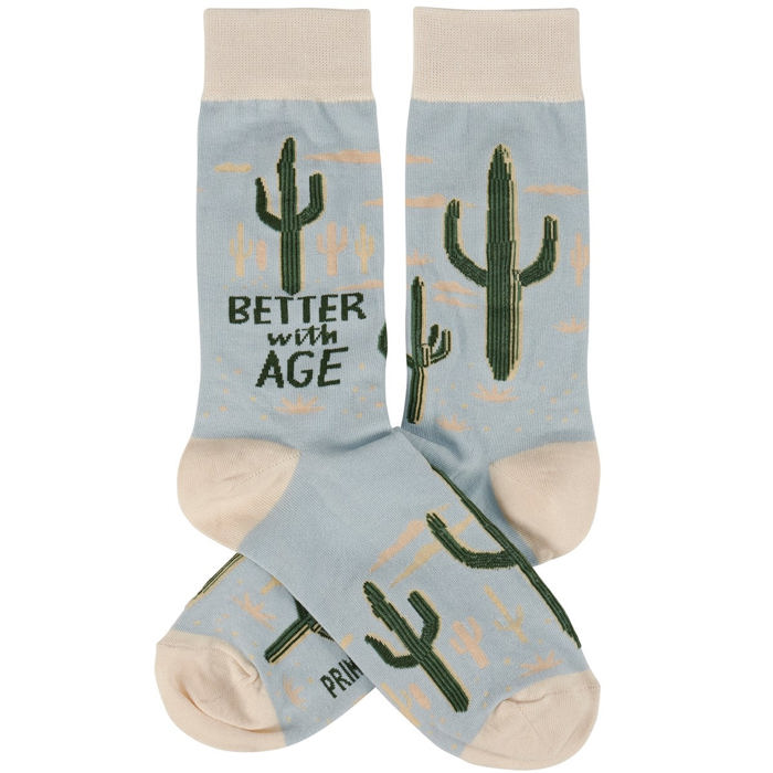 Better With Age Socks | Cactus Plants Illustration | Novelty Crew Socks | Gifts for Her