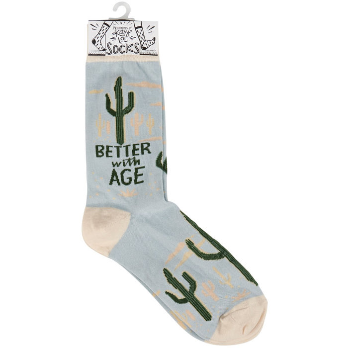 Better With Age Socks | Cactus Plants Illustration | Novelty Crew Socks | Gifts for Her