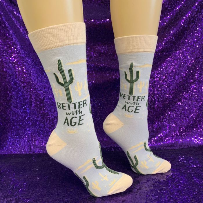 Better With Age Socks | Cactus Plants Illustration | Novelty Crew Socks | Gifts for Her