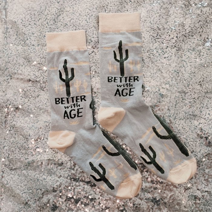 Better With Age Socks | Cactus Plants Illustration | Novelty Crew Socks | Gifts for Her