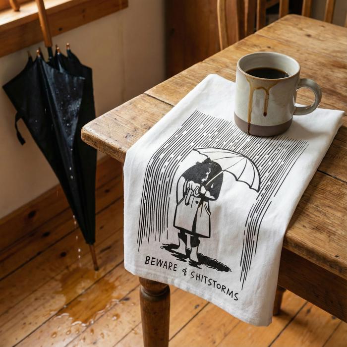 Beware Of Shitstorms Kitchen Towel | Black and White Cotton Hand Tea Dish Cloth | 28" x 28"
