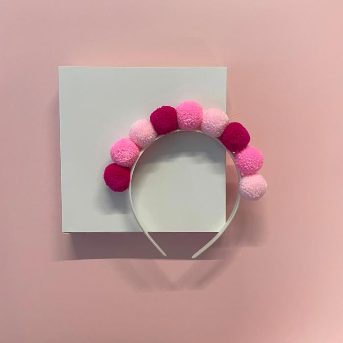 Birthday Pom Pom Headband in Red Light Dark Pink Fluffy Balls | Cute Party Hairband