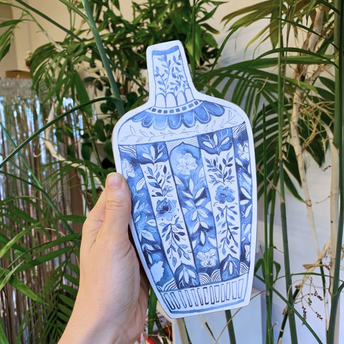 Blue Jar 2D Vase Shaped Wood Decor | Hand Painted Floral Designs | Decorative Wooden Ancient Vase Stander