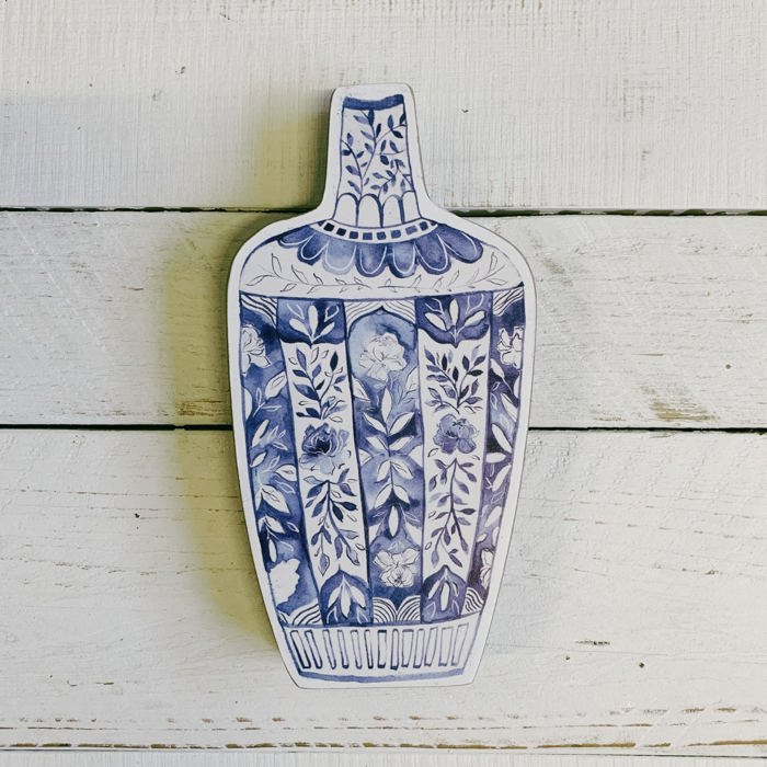 Blue Jar 2D Vase Shaped Wood Decor | Hand Painted Floral Designs | Decorative Wooden Ancient Vase Stander