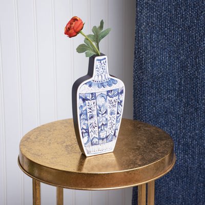 Blue Jar 2D Vase Shaped Wood Decor | Hand Painted Floral Designs | Decorative Wooden Ancient Vase Stander