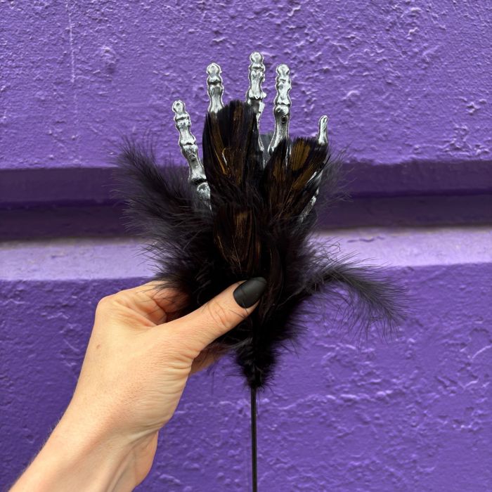 Burlesque Corpse Skeleton Hand Feather Floral Pick in Black | Halloween Theme Decor
