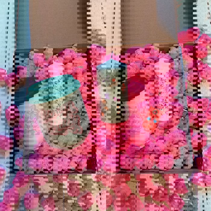 Candle + Sips Gift Box with Compostable Pink Heart Packing Peanuts
