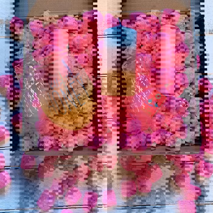 Candle + Sips Gift Box with Compostable Pink Heart Packing Peanuts
