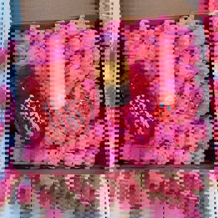 Candle + Sips Gift Box with Compostable Pink Heart Packing Peanuts
