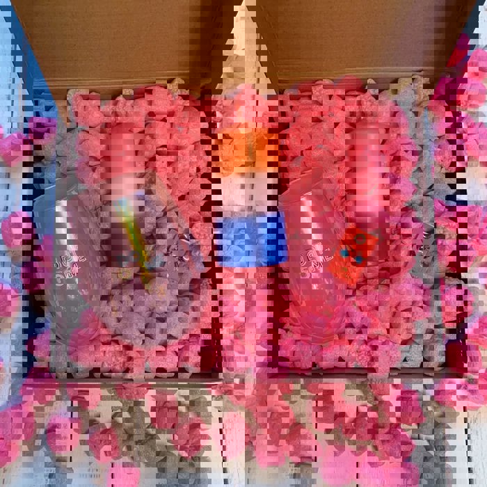 Candle + Sips Gift Box with Compostable Pink Heart Packing Peanuts