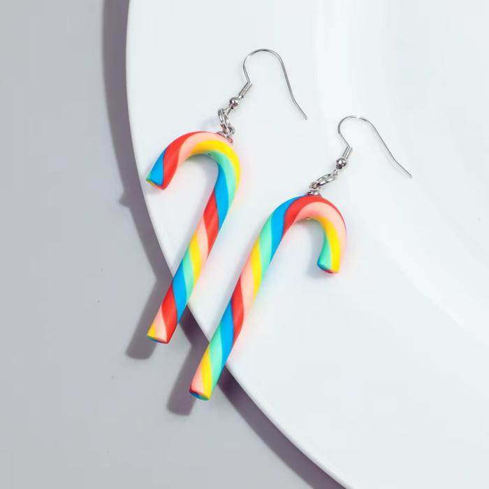 Candy Cane Christmas Party Earrings in Candy Stripe or Rainbow | Cute Playful and Fun Christmas Theme Fashion Jewelry