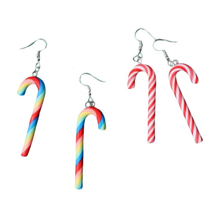 Candy Cane Christmas Party Earrings in Candy Stripe or Rainbow | Cute Playful and Fun Christmas Theme Fashion Jewelry