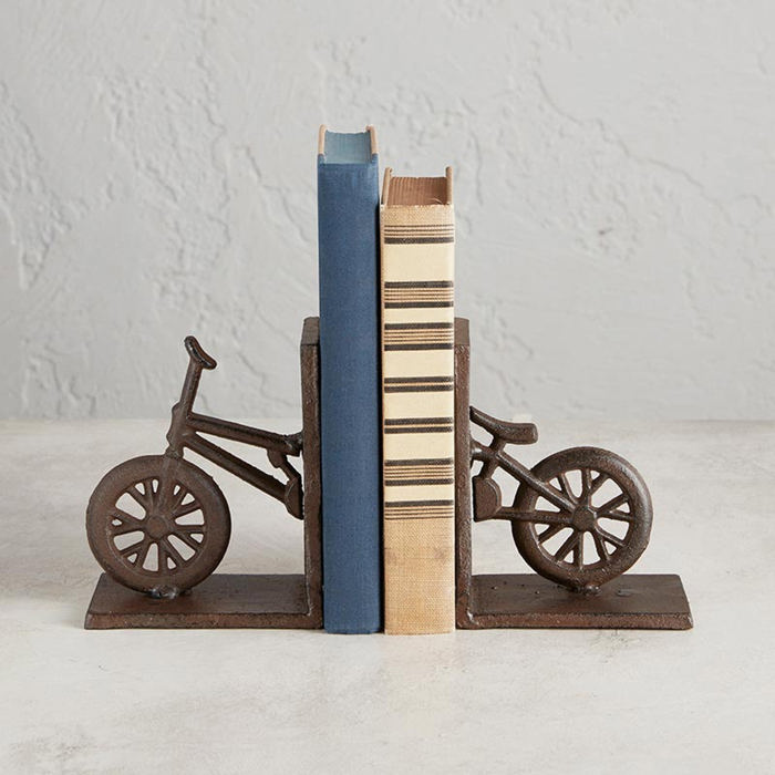 Cast Iron Bike Bookends Set of 2 | Decorative Brown Bicycle Bookshelf Stand Support Brace Holder