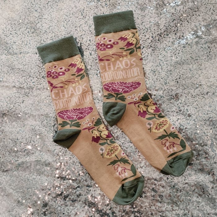 Chaos Coordinator Funny Socks in Green and Floral | Novelty Crew Socks | Gift for Her