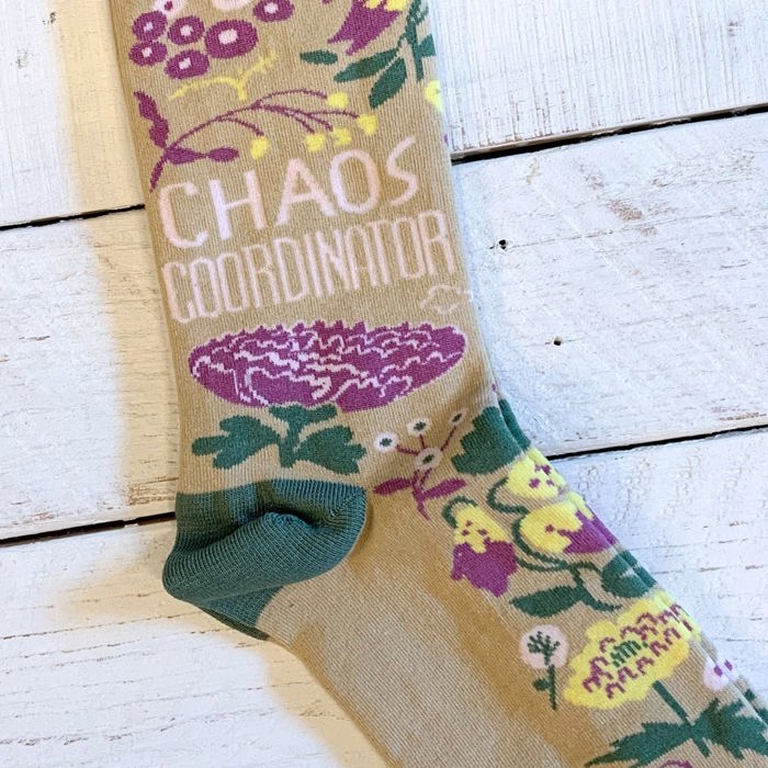 Chaos Coordinator Funny Socks in Green and Floral | Novelty Crew Socks | Gift for Her