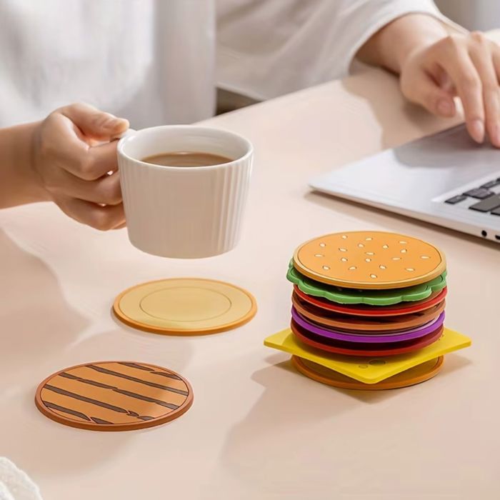 Cheeseburger Silicone Drink Coasters Set of 8 | Funny Food Coasters Drink Mats