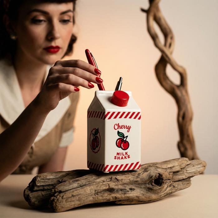 Cherry Milk Shake Ceramic Pen Pot | Retro Pen Holder