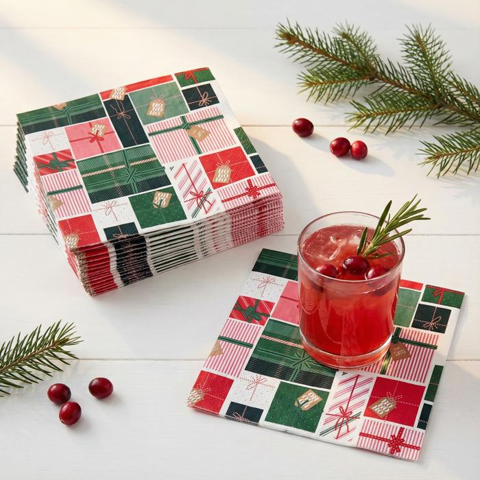 Christmas Presents Beverage Napkins | Holiday Gift Theme Party Cocktail Paper Napkin | 5"