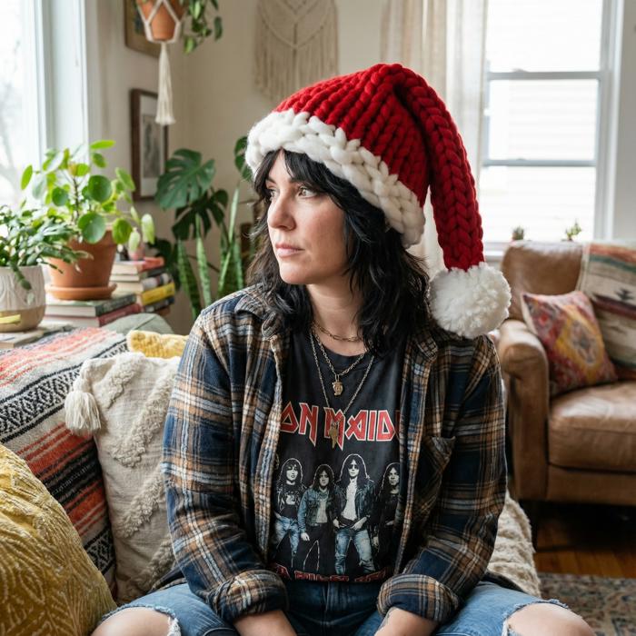 Women's Chunky Hand Knitted Santa Hat | Handmade Yarn Christmas Beanie in Red and White