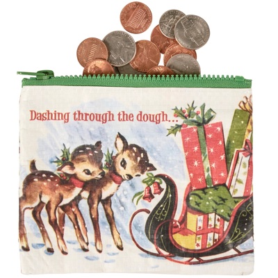 Dashing Through The Dough Zipper Wallet | Eco-friendly Retro Art of Reindeer and Santa's Sleigh Coin Purse Pouch