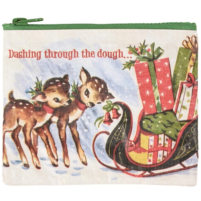 Dashing Through The Dough Zipper Wallet | Eco-friendly Retro Art of Reindeer and Santa's Sleigh Coin Purse Pouch