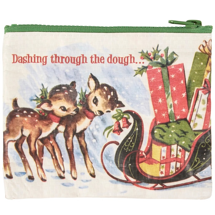 Dashing Through The Dough Zipper Wallet | Eco-friendly Retro Art of Reindeer and Santa's Sleigh Coin Purse Pouch