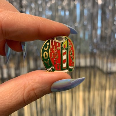 Don We Now Our Ugly Sweater Christmas Enamel Pin in Red and Green