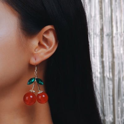 Double Cherries Rockabilly Earrings | Gift For Her Fashion Jewelry | 2.5" long