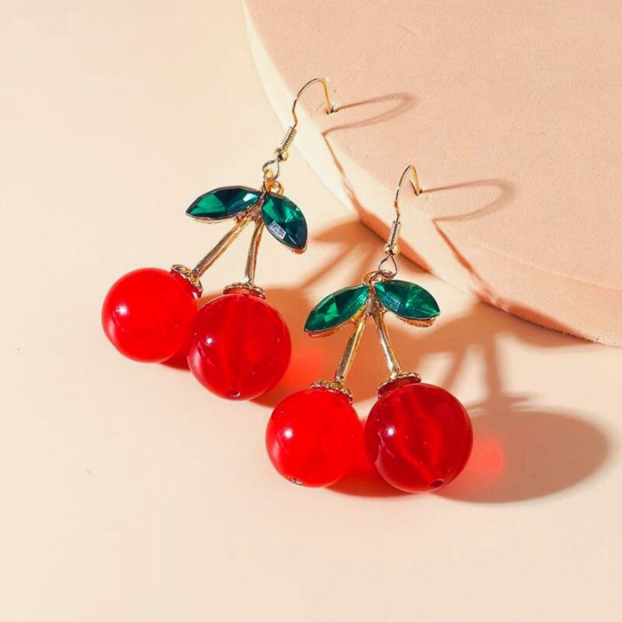 Double Cherries Rockabilly Earrings | Gift For Her Fashion Jewelry | 2.5" long