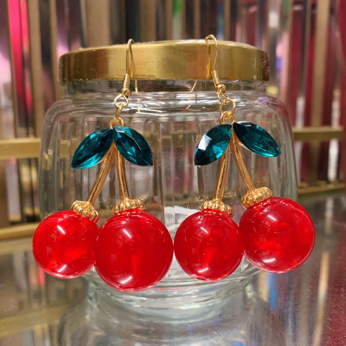 Double Cherries Rockabilly Earrings | Gift For Her Fashion Jewelry | 2.5" long