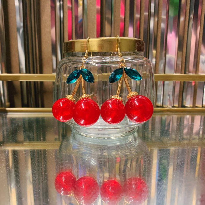 Double Cherries Rockabilly Earrings | Gift For Her Fashion Jewelry | 2.5" long