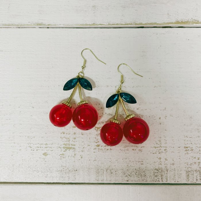 Double Cherries Rockabilly Earrings | Gift For Her Fashion Jewelry | 2.5" long