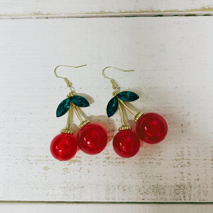 Double Cherries Rockabilly Earrings | Gift For Her Fashion Jewelry | 2.5" long