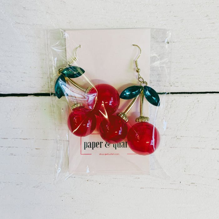 Double Cherries Rockabilly Earrings | Gift For Her Fashion Jewelry | 2.5" long