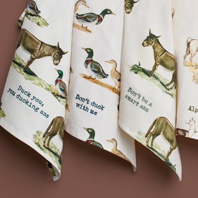 Animal Puns Embroidered Tea and Dish Towels | Linen Novelty Kitchen Towels