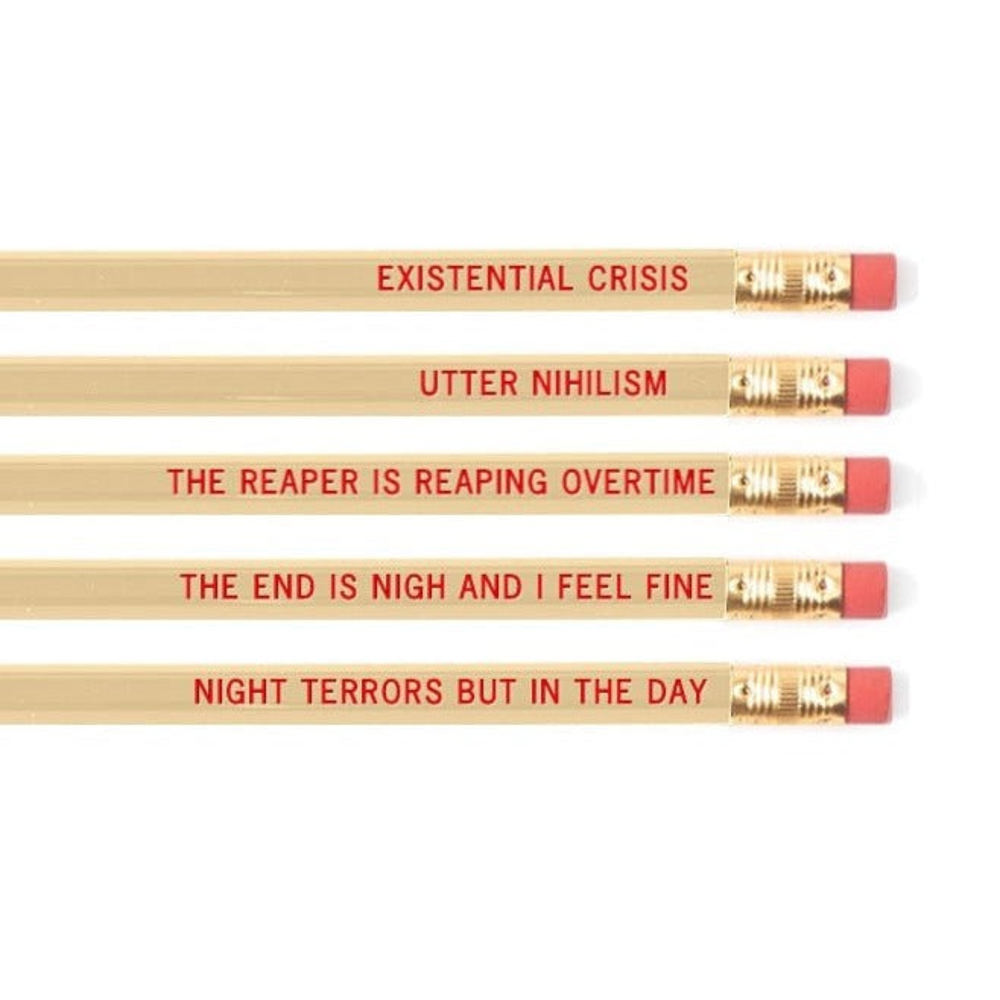 EXISTENTIAL CRISIS Pencil Set | 5 Cedar Pencils | Cream with Blood-Red Foil Stamping