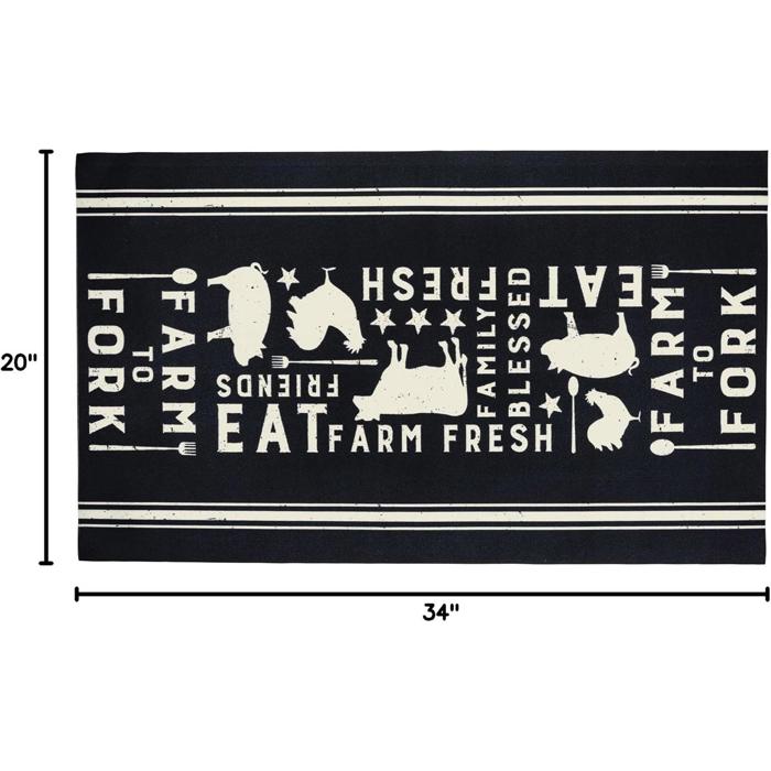 Eat Fresh Farm to Fork Decorative Polyester Rug 34" x 20" | Black Indoor Kitchen Floor Mat