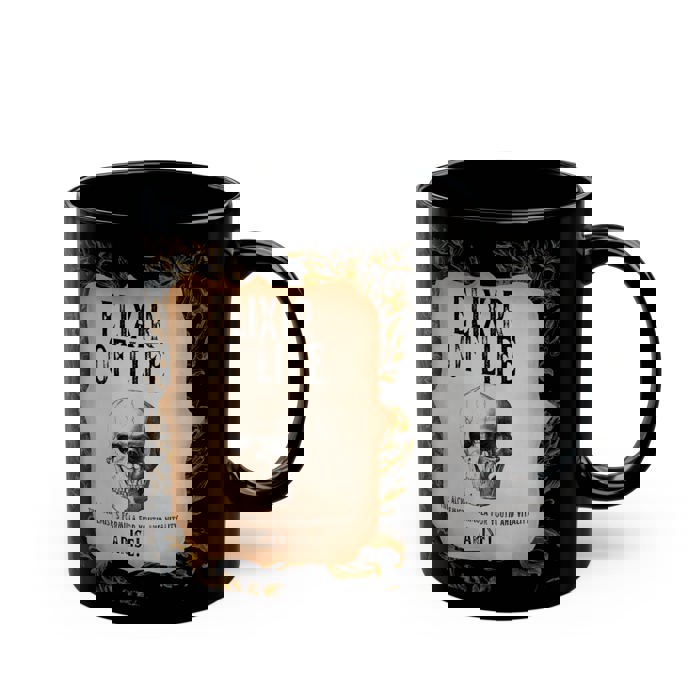 Gift for Him Her "Elixir of Life The Alchemist's Formula for Youth and Vitality" 11oz Black Coffee Mug with Vintage Skull Motif Gothic Aging Humor