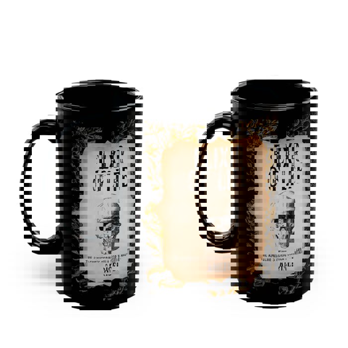 Gift for Him Her "Elixir of Life The Alchemist's Formula for Youth and Vitality" 11oz Black Coffee Mug with Vintage Skull Motif Gothic Aging Humor