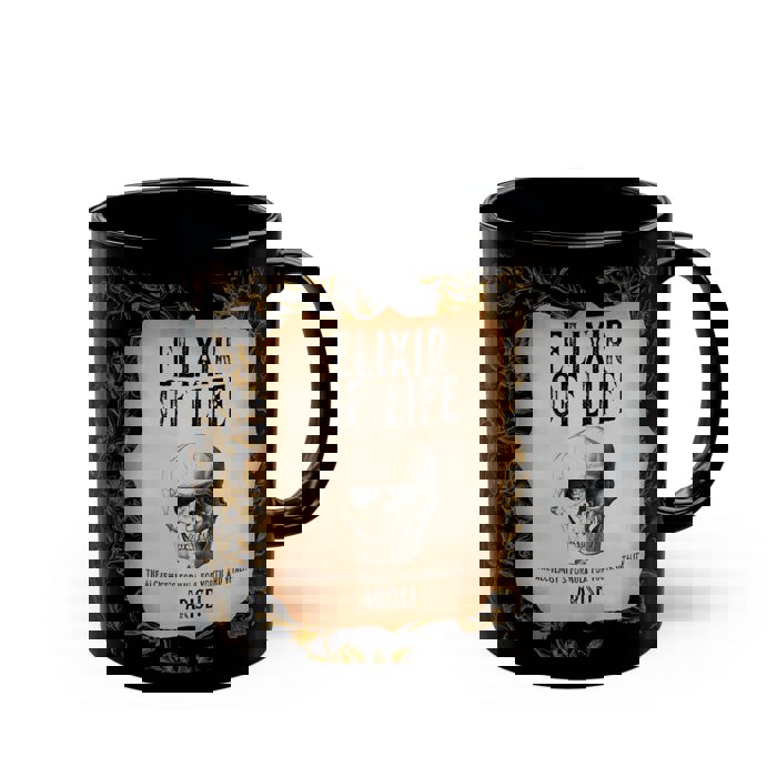 Gift for Him Her "Elixir of Life The Alchemist's Formula for Youth and Vitality" 11oz Black Coffee Mug with Vintage Skull Motif Gothic Aging Humor