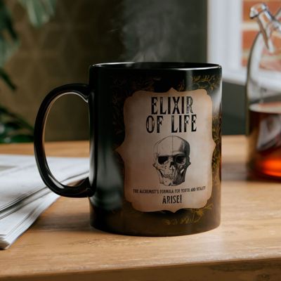 Gift for Him Her "Elixir of Life The Alchemist's Formula for Youth and Vitality" 11oz Black Coffee Mug with Vintage Skull Motif Gothic Aging Humor