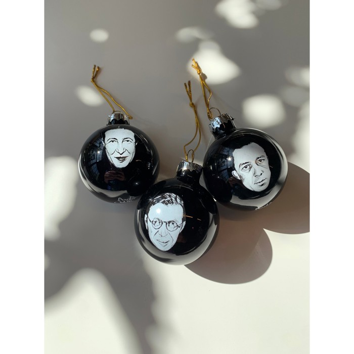 Set of 3 Existentialist Holiday Glass Mini Ornaments in Black with Depressing Quotes from Camus, Sartre, and de Beauvoir | Gift for Her