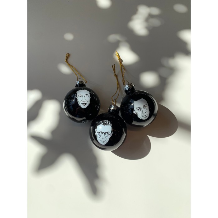Set of 3 Existentialist Holiday Glass Mini Ornaments in Black with Depressing Quotes from Camus, Sartre, and de Beauvoir | Gift for Her