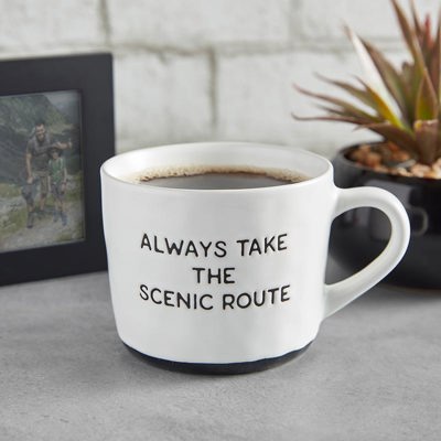 Always Take The Scenic Route Cozy Mug in White with Black Base | Stoneware Coffee Tea Cup | 15oz